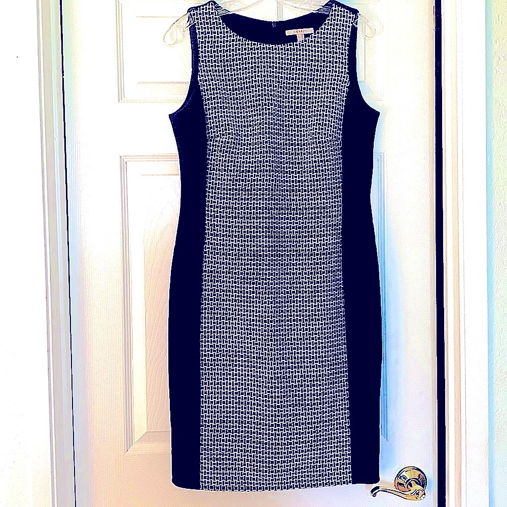 Esprit sleeveless navy and white patterned dress.